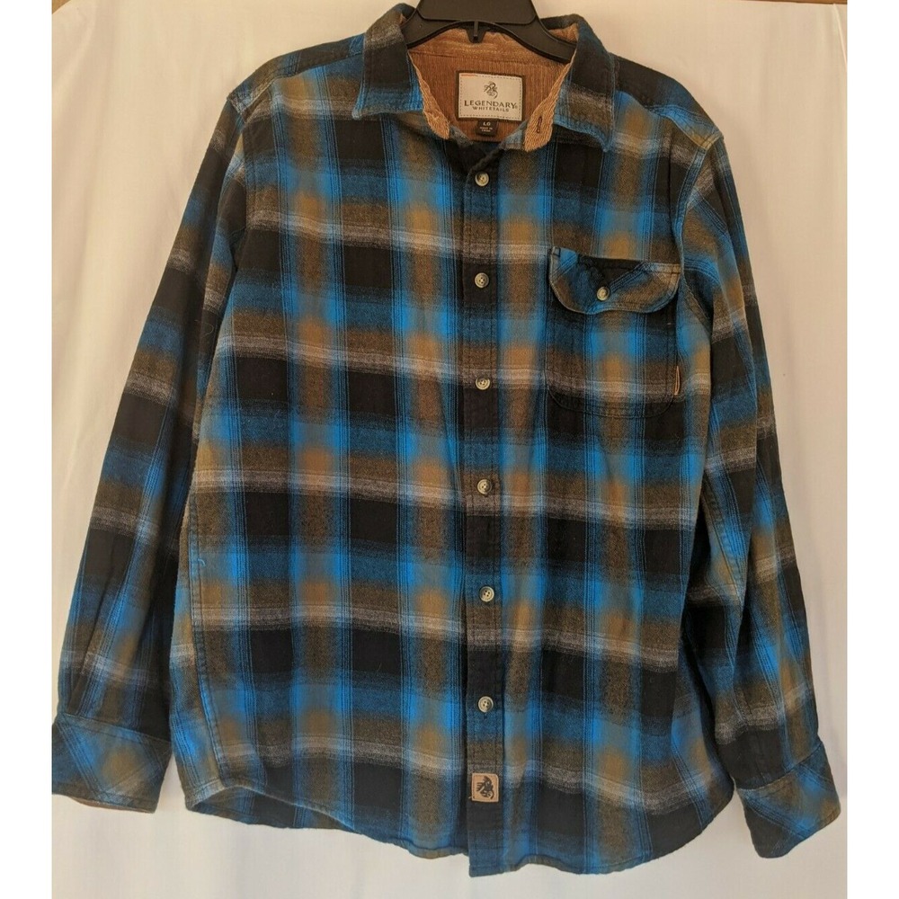 Legendary Whitetails Shirt Button Up Mens Sz LG Flannel Outdoor Plaid Blue